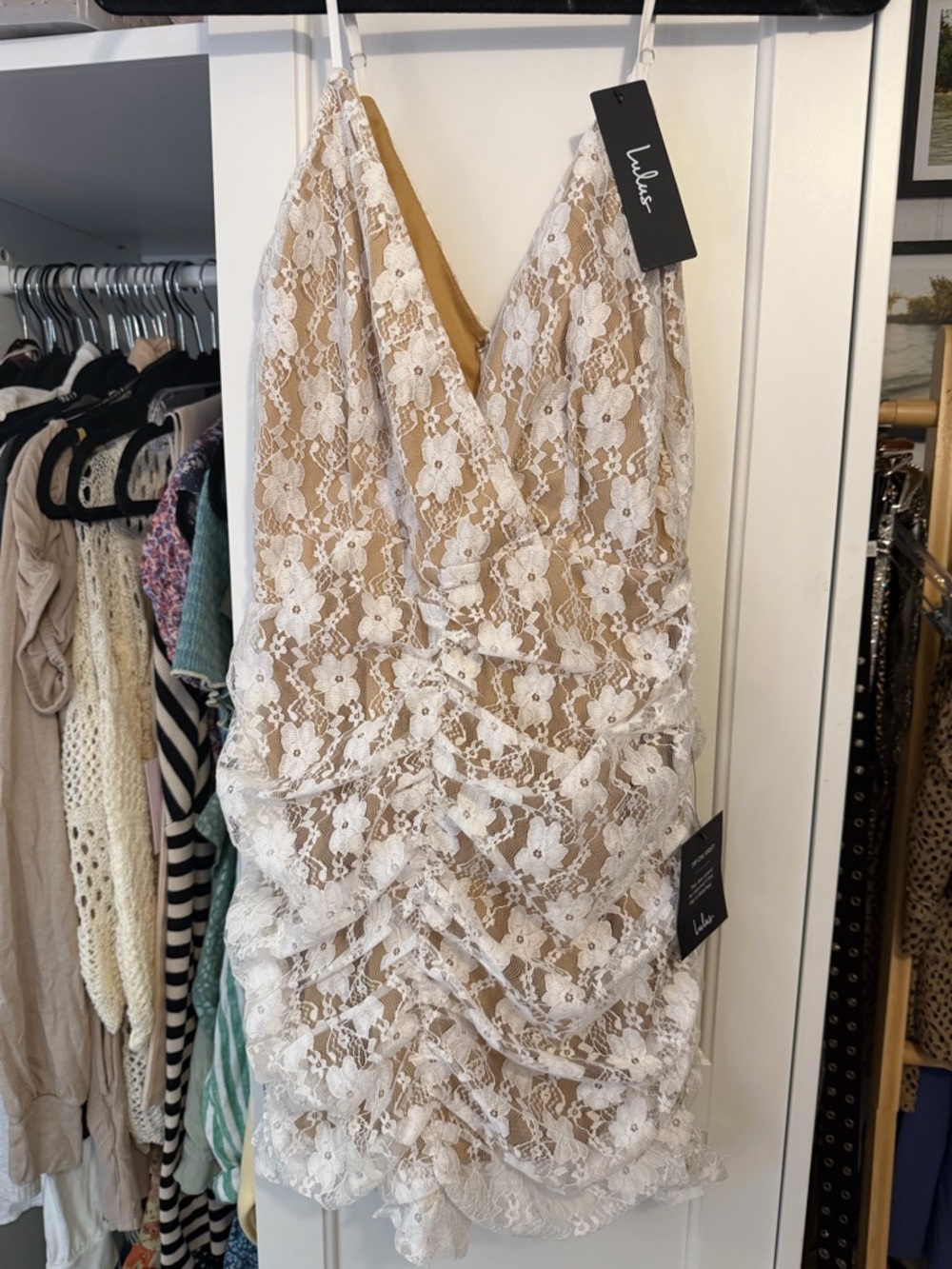 Lulu's White Lace Ruched V-Neck Mini Dress with Tan Lining